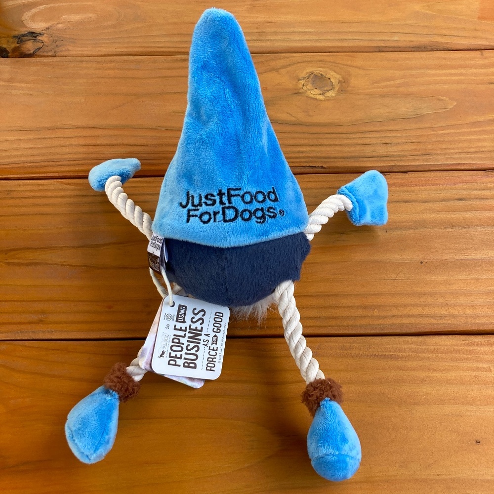 NWT P.LA.Y. Gnome Dog Rope Crinkle Toy with "Just Food For Dogs" Branding - Picture 3 of 5
